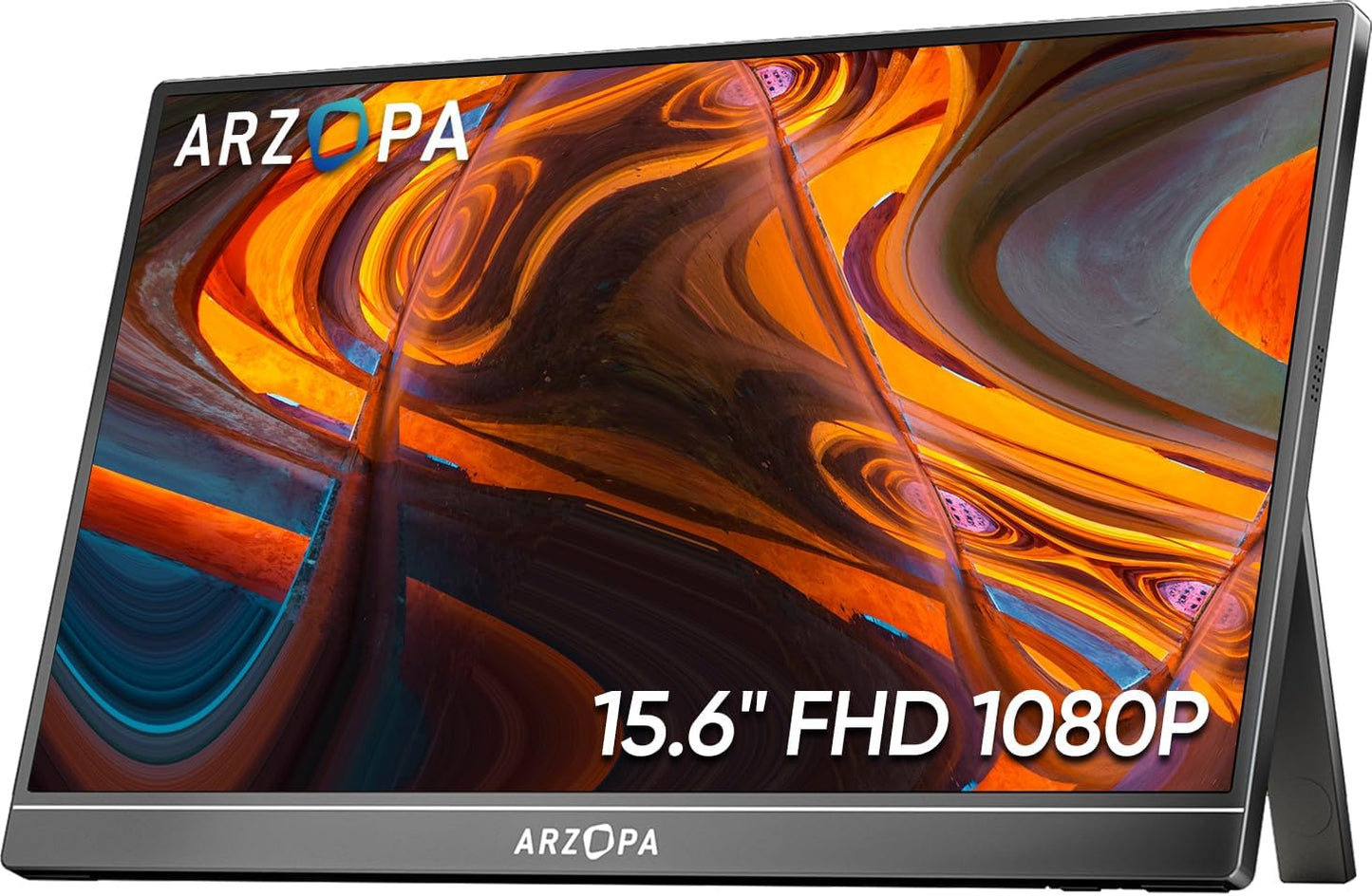 ARZOPA Portable Monitor, 15.6'' 1080P FHD Laptop Monitor USB C HDMI Computer Display HDR Eye Care External Screen w/Smart Cover for Mac Phone Xbox Switch PS5-S1 Table